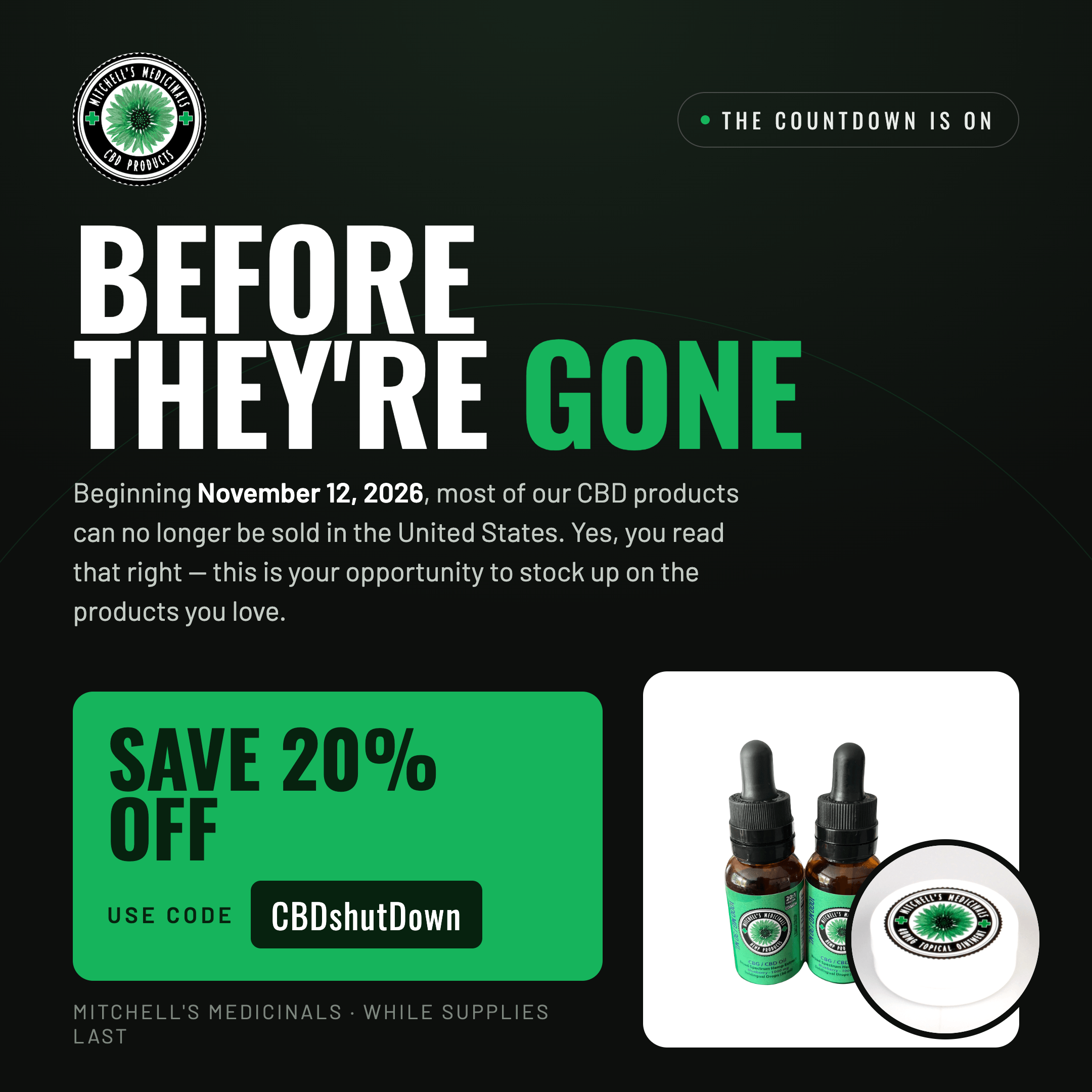 Mitchell's Medicinals CBD shutdown sale. Save 20 percent with code CBDshutDown.